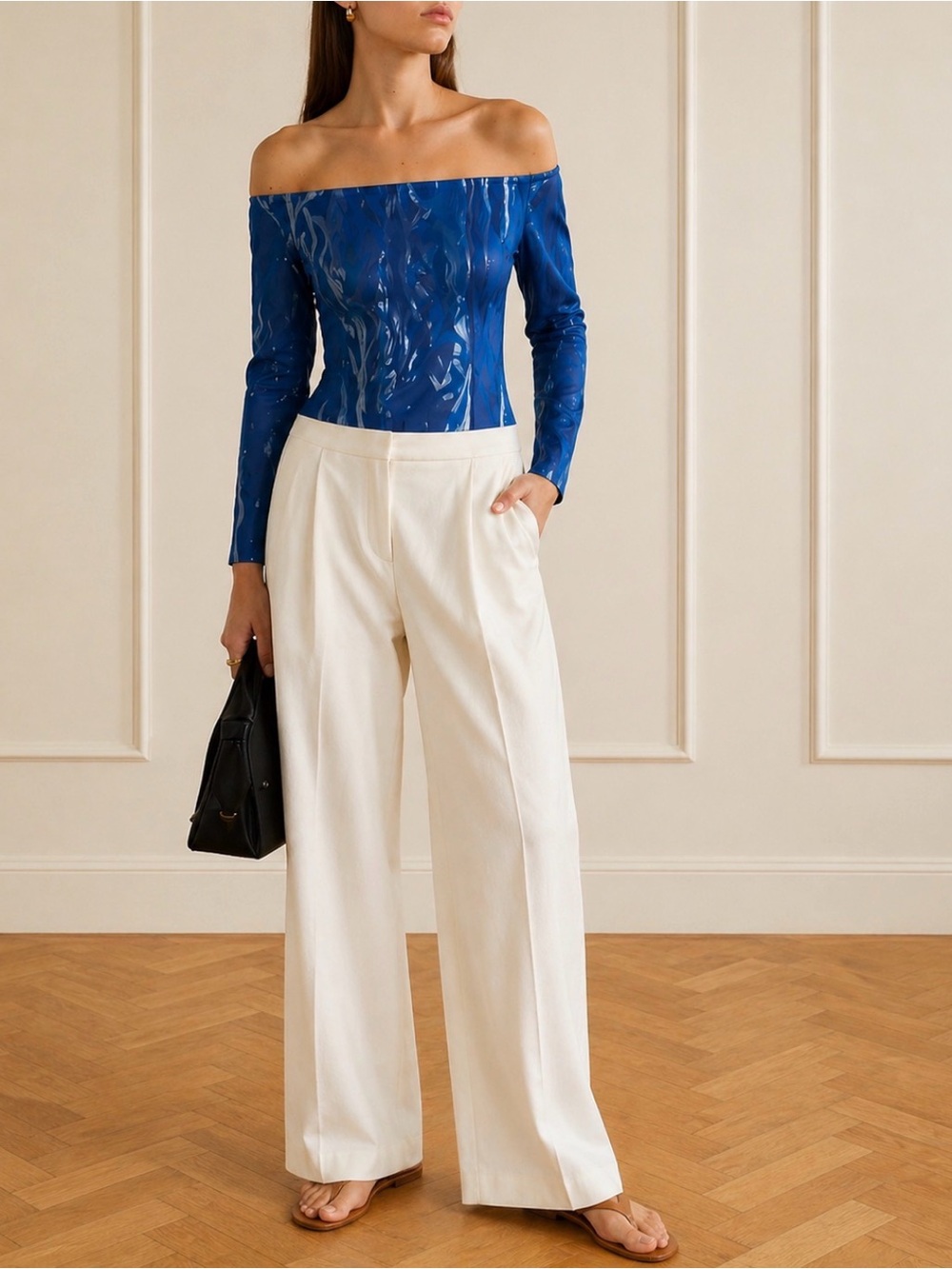 Scanlan Theodore | NWT Blue Metallic Off-Shoulder Long Sleeve Top | S